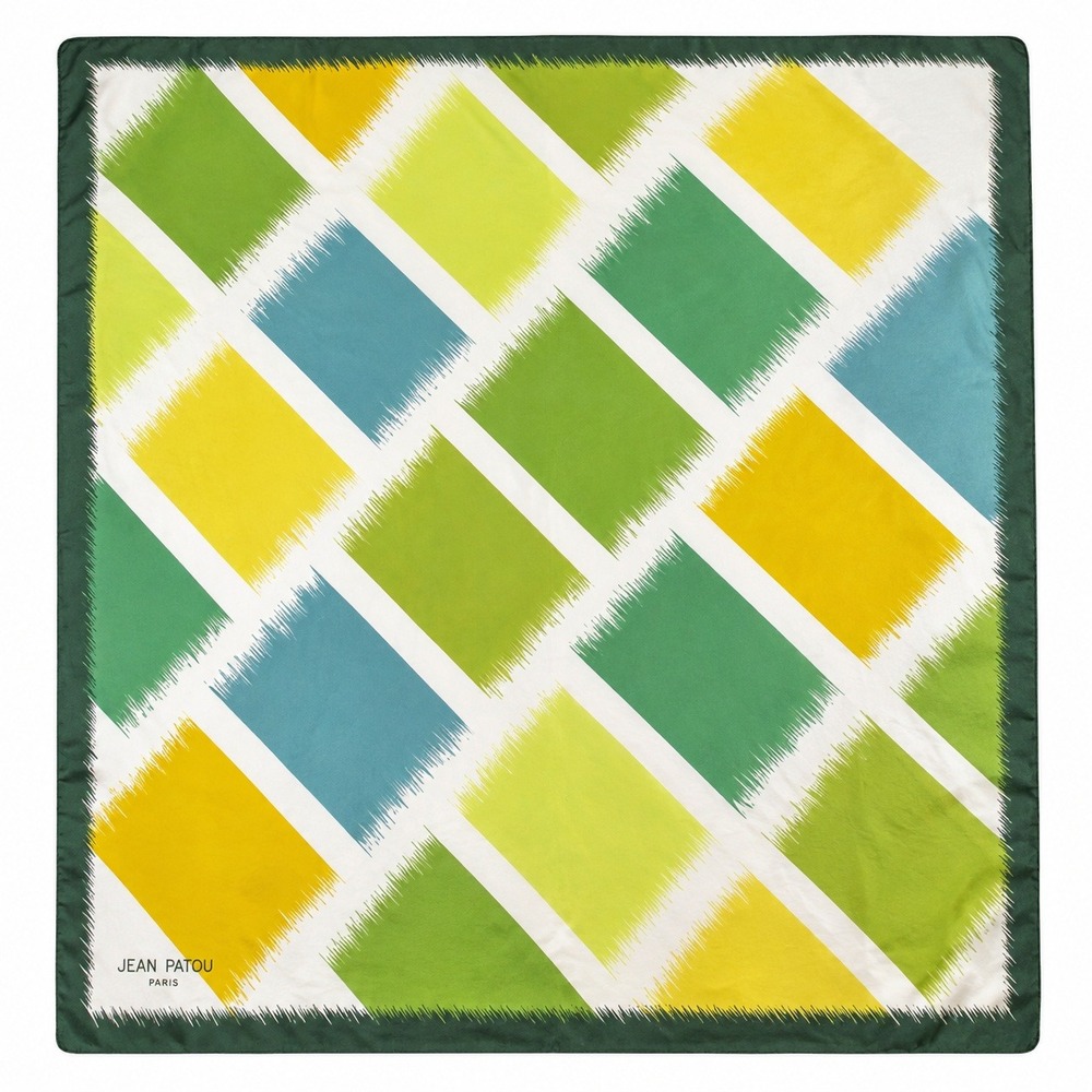 Jean Patou Paris Silk Scarf 30" Green Yellow Geometric Op Art Vintage Designer
